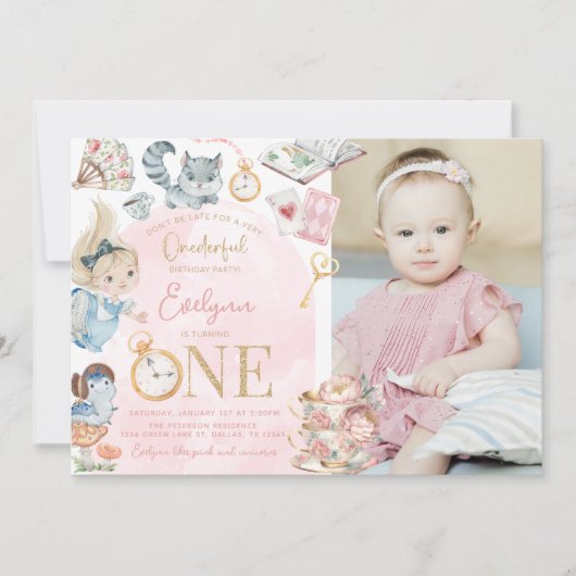 Alice in Wonderland 1e Verjaardag Tea Party Kaart (Voorkant)