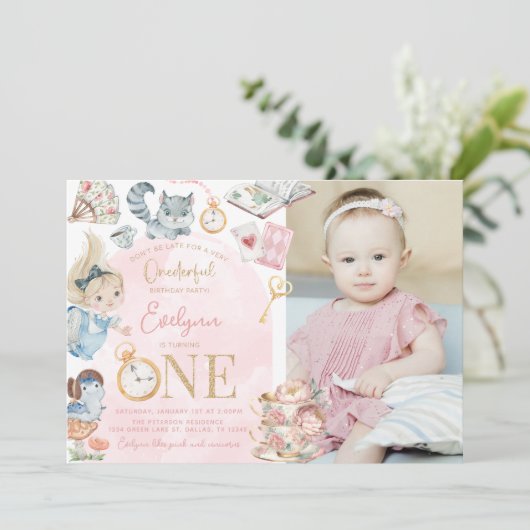 Alice in Wonderland 1e Verjaardag Tea Party Kaart (Staand voorkant)