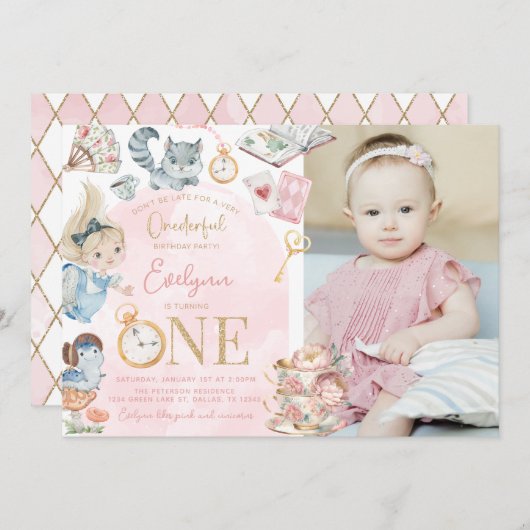 Alice in Wonderland 1e Verjaardag Tea Party Kaart (Voorkant / Achterkant)