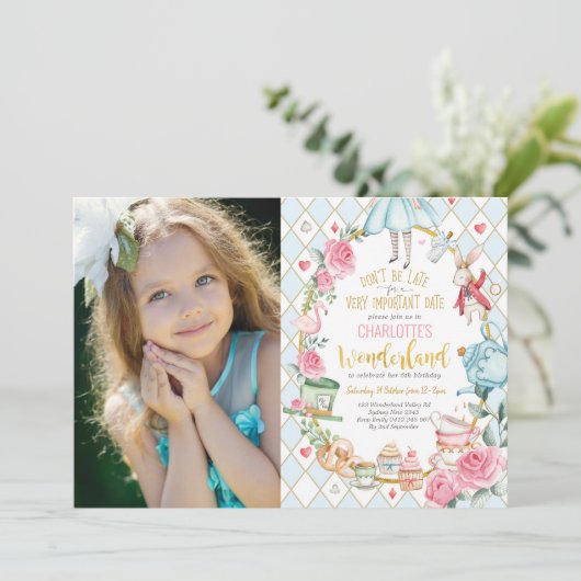  Alice in Wonderland 1e Verjaardags Thee Party Kaart (Staand voorkant)