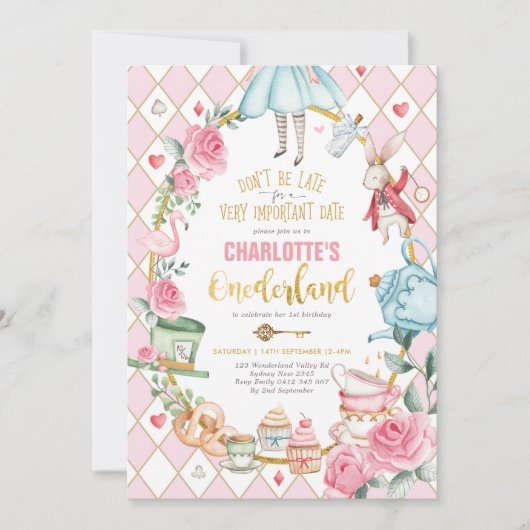 Alice in Wonderland 1st Birthday Onederland Party Kaart (Voorkant)