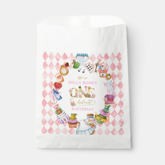 Alice in Wonderland 1st birthday Pink  Bedankzakje (Voorkant)