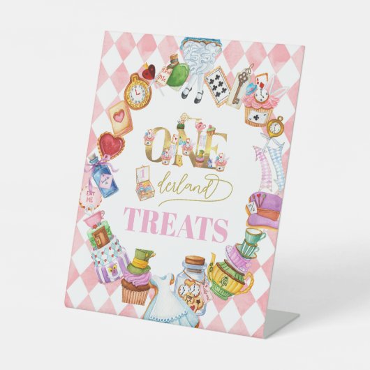 Alice in Wonderland 1st birthday Pink Favors Reclamebord Met Voetstuk (Voorkant)