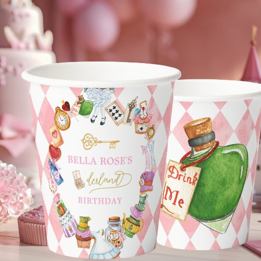 Alice in Wonderland 1st birthday Pink  Papieren Bekers