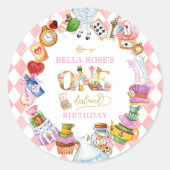 Alice in Wonderland 1st birthday Pink  Ronde Sticker (Voorkant)