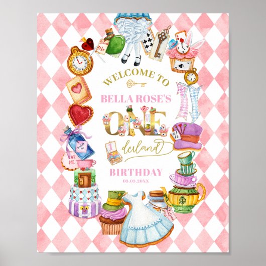 Alice in Wonderland 1st birthday Pink Welcome Poster (Voorkant)