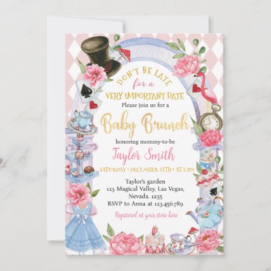 Alice in Wonderland Baby Brunch Uitnodiging (Voorkant)