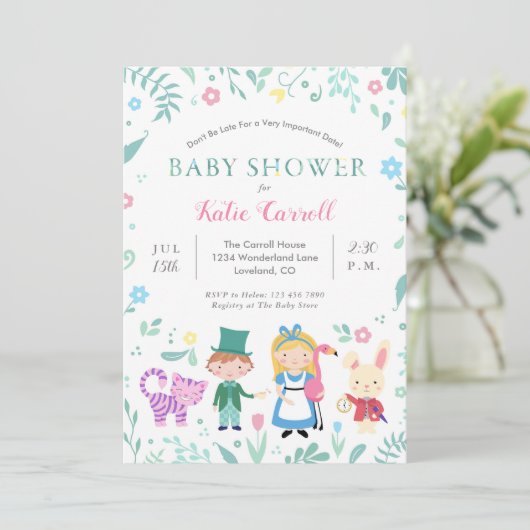 Alice in Wonderland Baby Shower Invitaties | Roze Kaart (Staand voorkant)