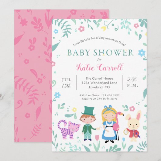 Alice in Wonderland Baby Shower Invitaties | Roze Kaart (Voorkant / Achterkant)