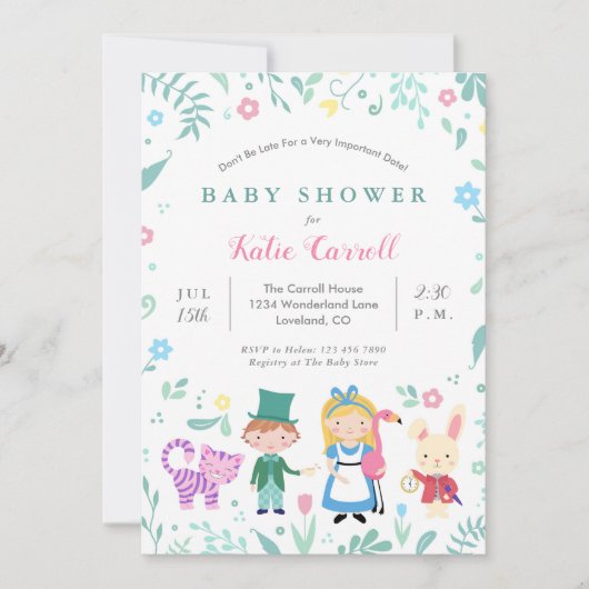 Alice in Wonderland Baby Shower Invitaties | Roze Kaart (Voorkant)