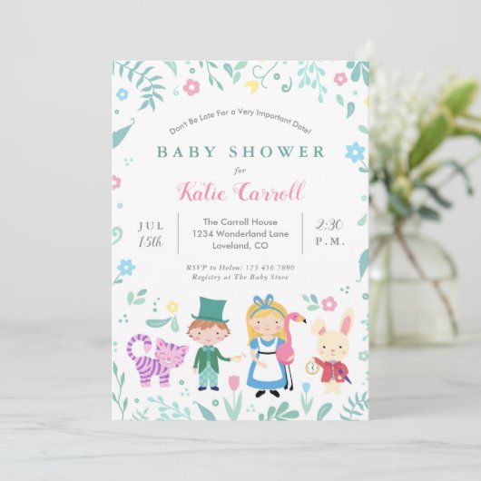 Alice in Wonderland Baby Shower Invitaties | Roze Kaart (Staand voorkant)