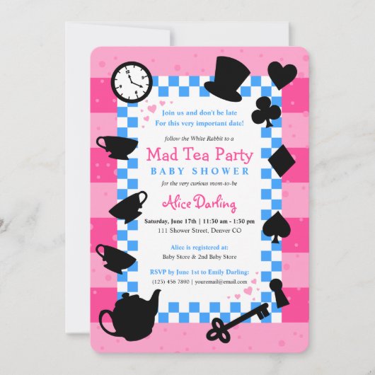 Alice in Wonderland Baby Shower Invitaties | Roze Kaart (Voorkant)