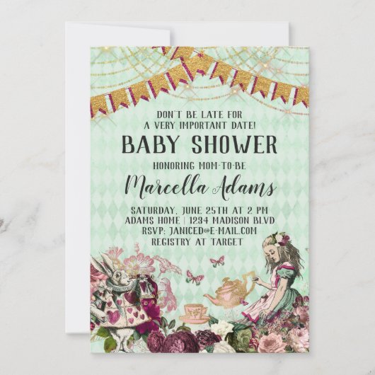 Alice in Wonderland Baby shower Invitation Kaart (Voorkant)