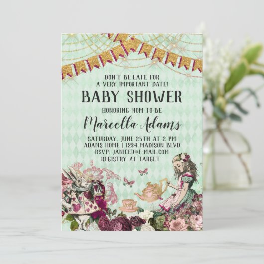 Alice in Wonderland Baby shower Invitation Kaart (Staand voorkant)