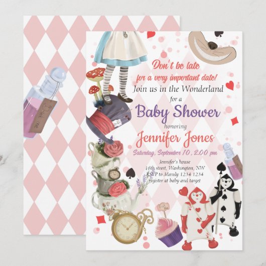 Alice in Wonderland Baby shower Invitation Kaart (Voorkant / Achterkant)