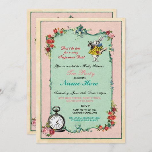 Alice in Wonderland Baby shower Roze Uitnodiging (Voorkant / Achterkant)