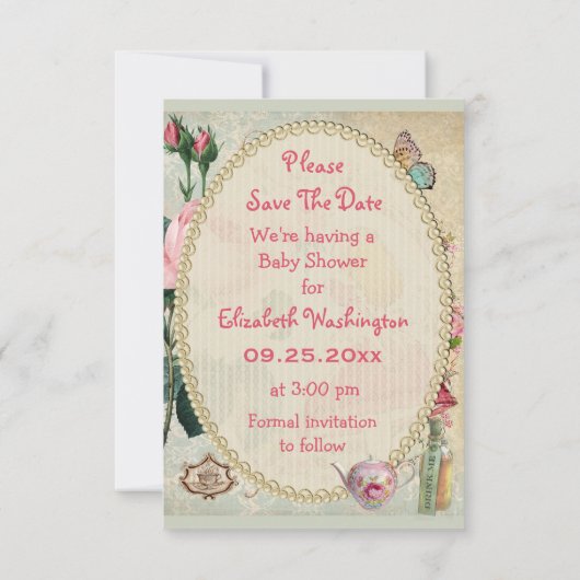 Alice in Wonderland Baby shower Save the Date (Achterkant)
