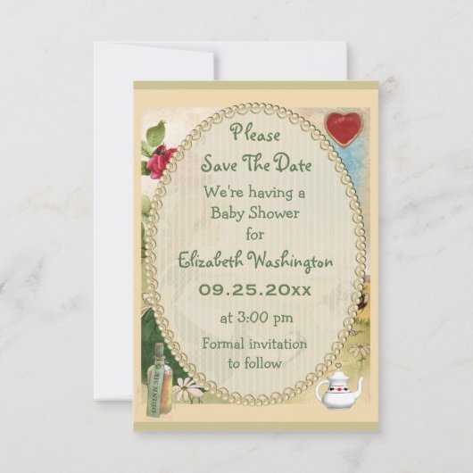 Alice in Wonderland Baby shower Save the Date (Achterkant)