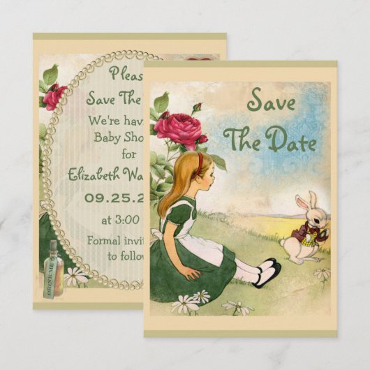 Alice in Wonderland Baby shower Save the Date (Voorkant / Achterkant)