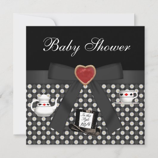 Alice in Wonderland Baby shower Tea Party Black Kaart (Voorkant)