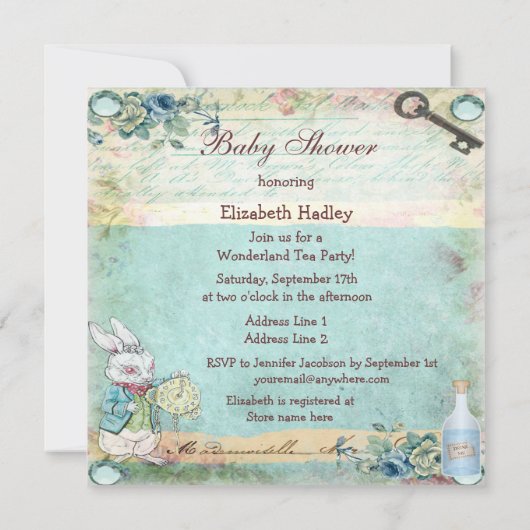  Alice in Wonderland Baby shower Tea Party Kaart (Achterkant)