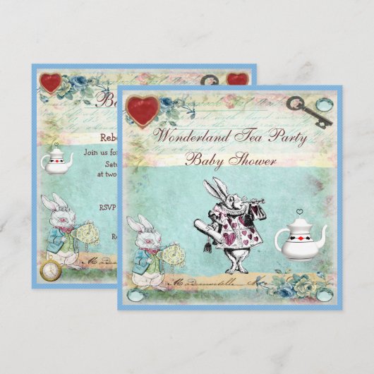  Alice in Wonderland Baby shower Tea Party Kaart (Voorkant / Achterkant)