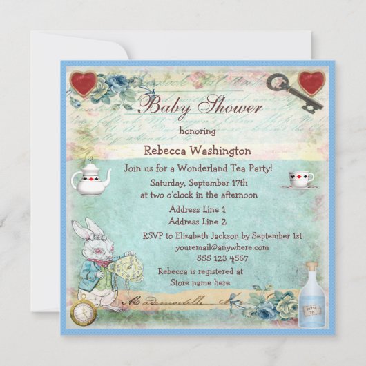 Alice in Wonderland Baby shower Tea Party Kaart (Achterkant)