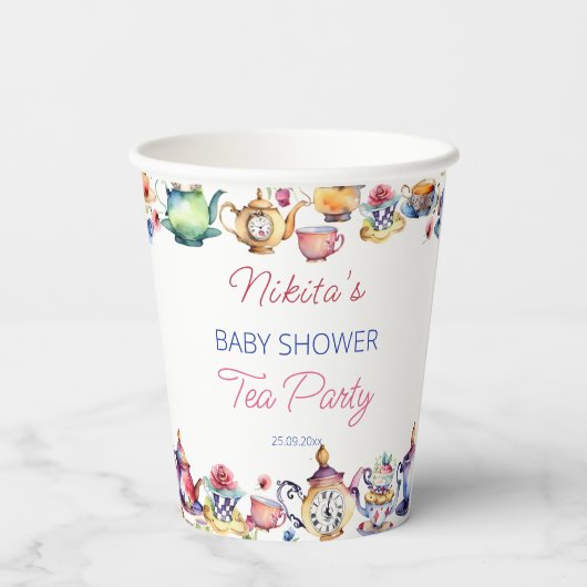 Alice in wonderland baby shower theefeest tafeloor papieren bekers (Achterkant)