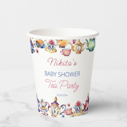 Alice in wonderland baby shower theefeest tafeloor papieren bekers (Voorkant)