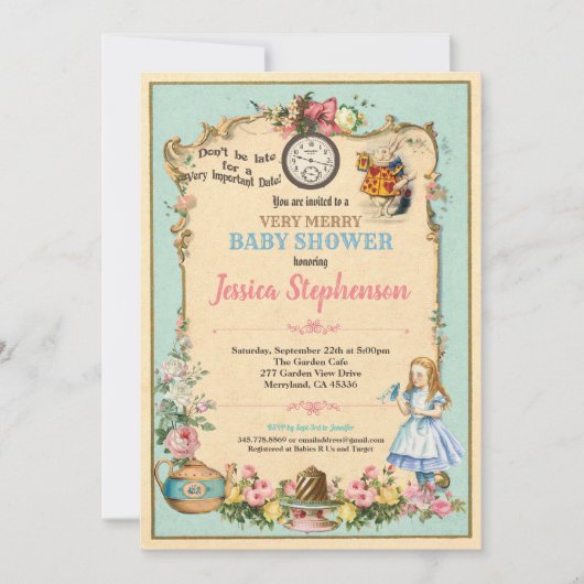 Alice in Wonderland baby shower uitnodiging blauwg (Voorkant)