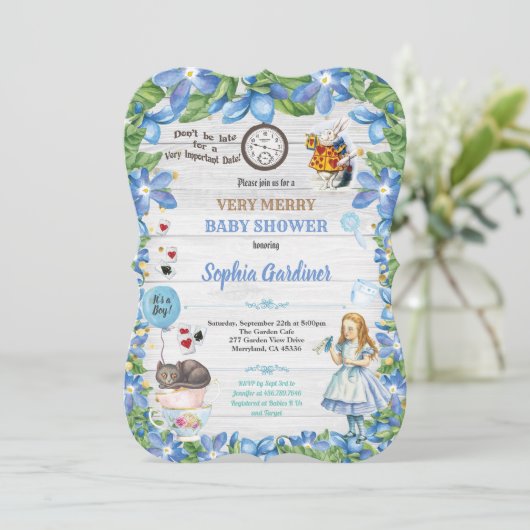 Alice in Wonderland babyBOY doucheuitnodiging Kaart (Staand voorkant)