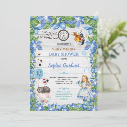Alice in Wonderland babyBOY doucheuitnodiging Kaart (Staand voorkant)
