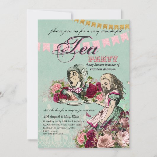 Alice In Wonderland BabyShower MadHatter Tea Party Kaart (Voorkant)