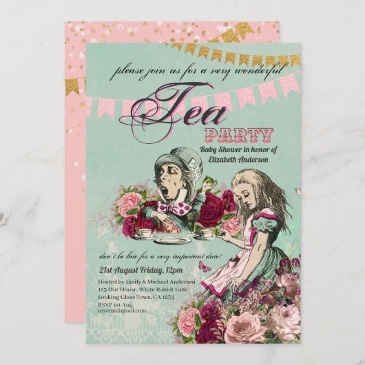 Alice In Wonderland BabyShower MadHatter Tea Party Kaart (Voorkant / Achterkant)