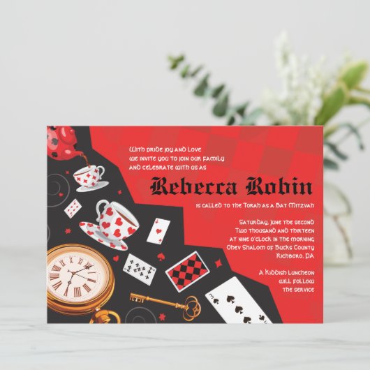 ALICE in WONDERLAND Bat Mitzvah Uitnodiging (Staand voorkant)