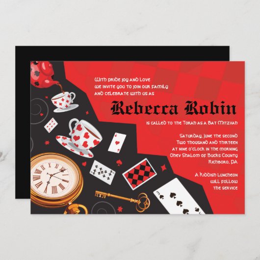 ALICE in WONDERLAND Bat Mitzvah Uitnodiging (Voorkant / Achterkant)