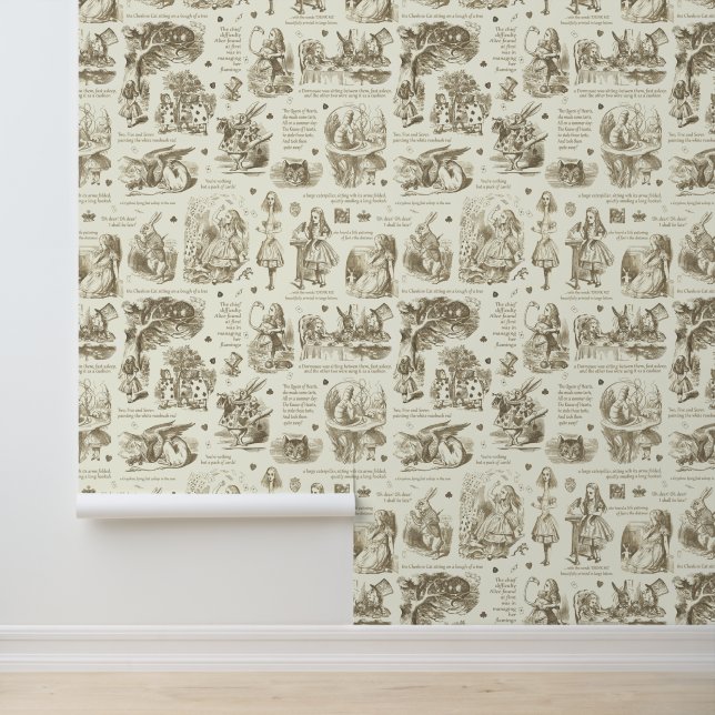 Alice in Wonderland Beige Cream Toile Kinderkamer Behang (Applicatie)