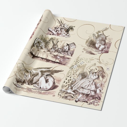 Alice in Wonderland  Beige Gold Cadeaupapier (Uitgerold)