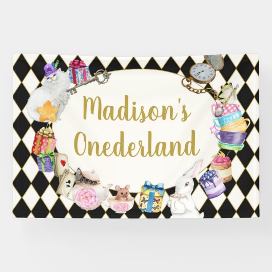 Alice in Wonderland Birthday Banner, 1ste verjaard Spandoek (Horizontaal)