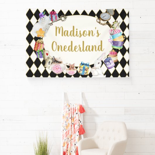 Alice in Wonderland Birthday Banner, 1ste verjaard Spandoek (Insitu)