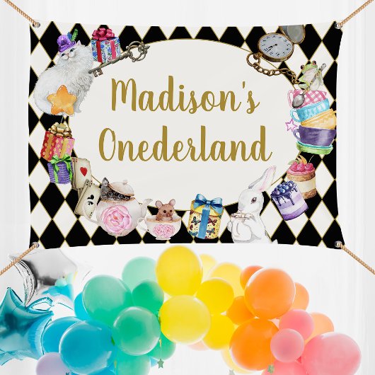 Alice in Wonderland Birthday Banner, 1ste verjaard Spandoek
