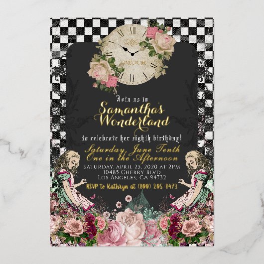 Alice in Wonderland Birthday Folie Uitnodiging (Voorkant)