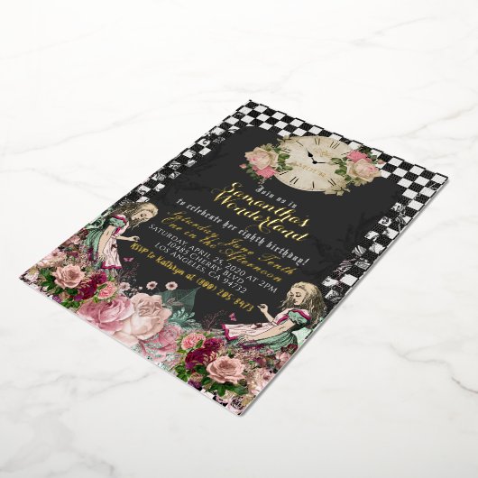 Alice in Wonderland Birthday Folie Uitnodiging (Gedraaid)