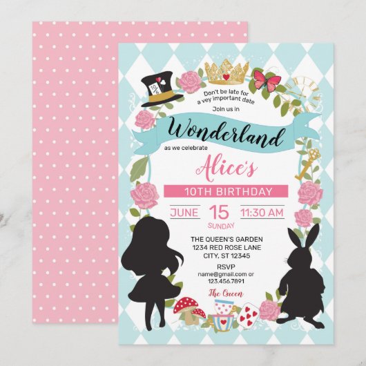 Alice in Wonderland Birthday Invitation Blue/Pink Kaart (Voorkant / Achterkant)