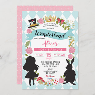 Alice in Wonderland Birthday Invitation Blue/Pink Kaart