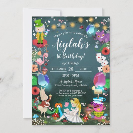 Alice in Wonderland Birthday Invitation Enchanted Kaart (Voorkant)