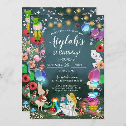 Alice in Wonderland Birthday Invitation Enchanted Kaart (Voorkant / Achterkant)