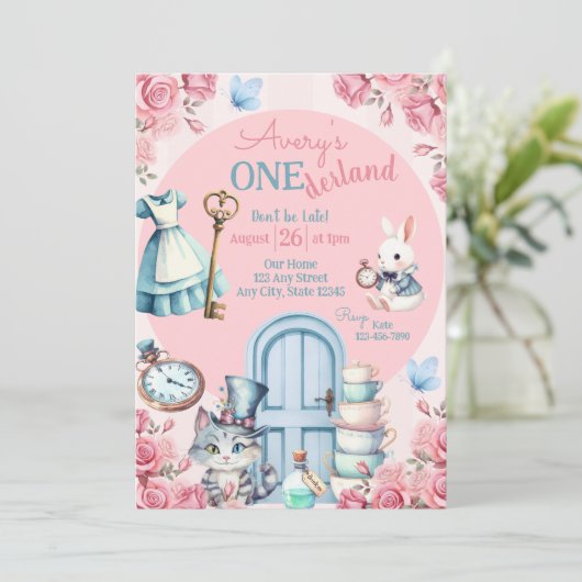 Alice in Wonderland Birthday Invitation Kaart (Staand voorkant)