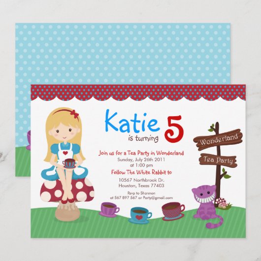 Alice in Wonderland Birthday Invitation Kaart (Voorkant / Achterkant)