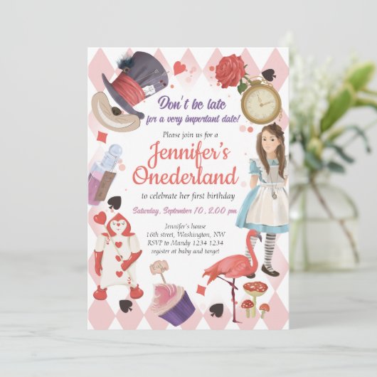 Alice in Wonderland Birthday Invitation Kaart (Staand voorkant)